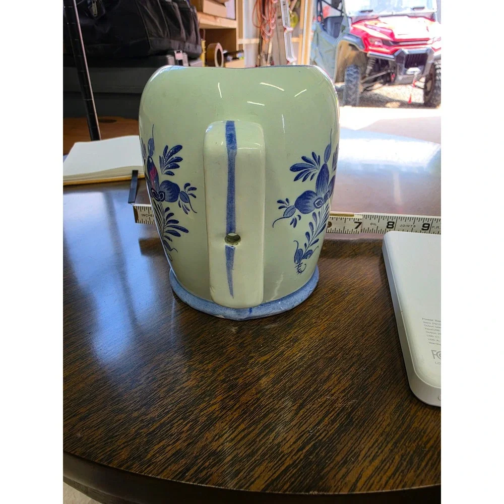 Vintage Blue and White Floral Ceramic Chamberstick Candle Holder with Handle 6in